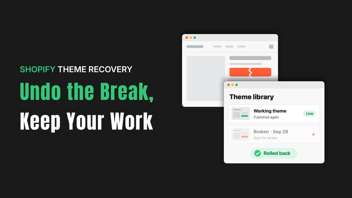 Cover reading “Undo the Break, Keep Your Work” beside a product page with a broken add-to-cart button and a theme library where the working theme is live again and marked Rolled back.