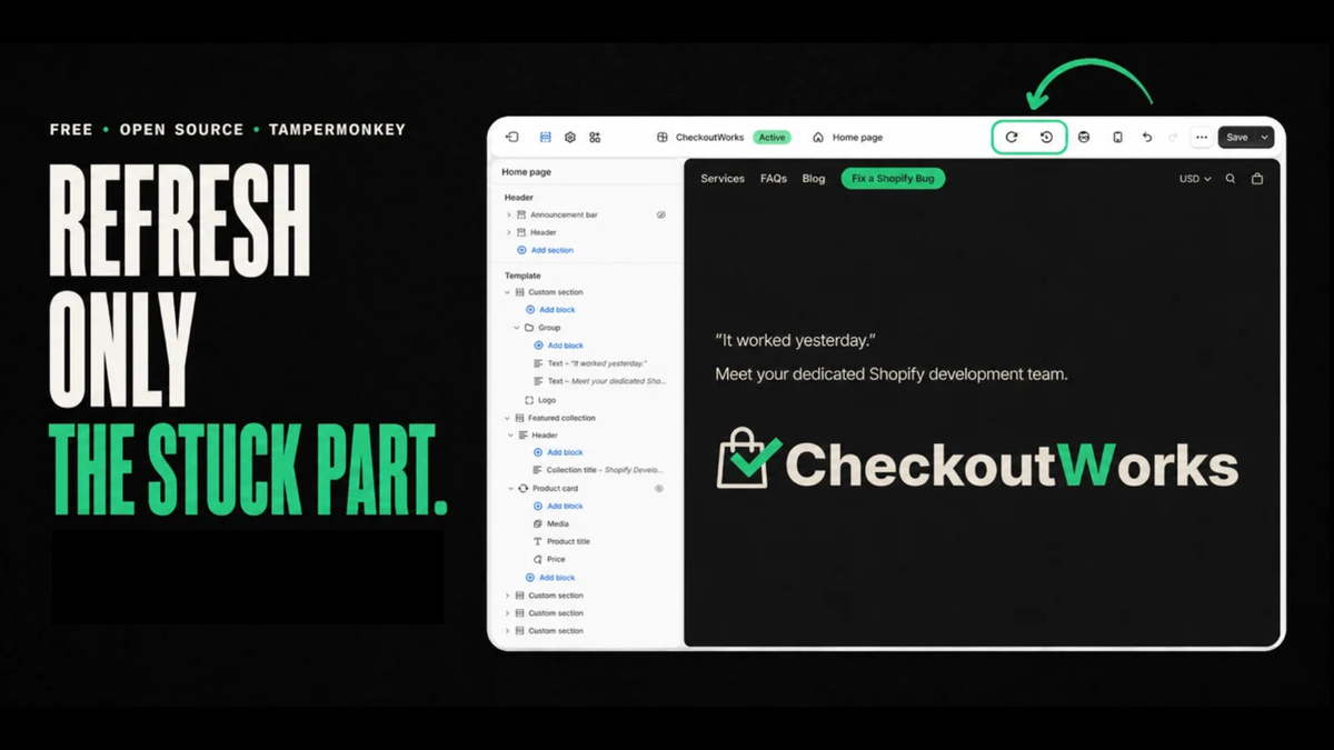 Cover reading “Refresh Only the Stuck Part” beside the Shopify theme editor with the added refresh and discard buttons highlighted.