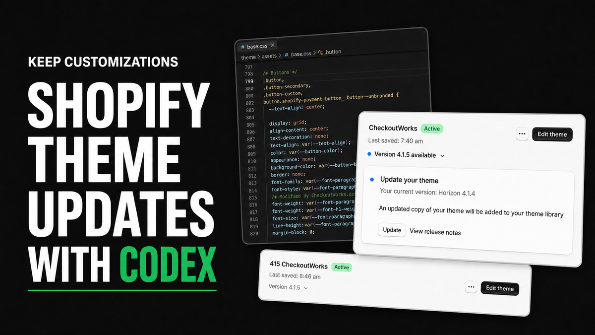 Shopify Horizon theme update with Codex, showing a customization audit and Shopify's official theme update dialog.