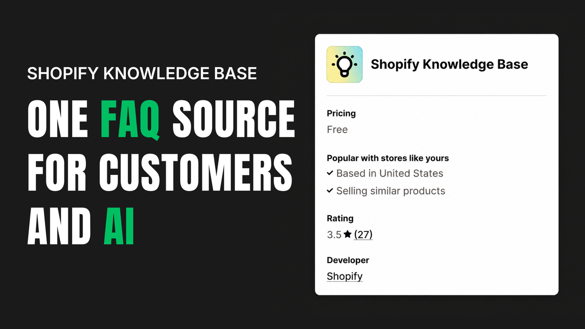 Shopify Knowledge Base app listing showing free pricing and Shopify as developer, with “One FAQ Source for Customers and AI.”