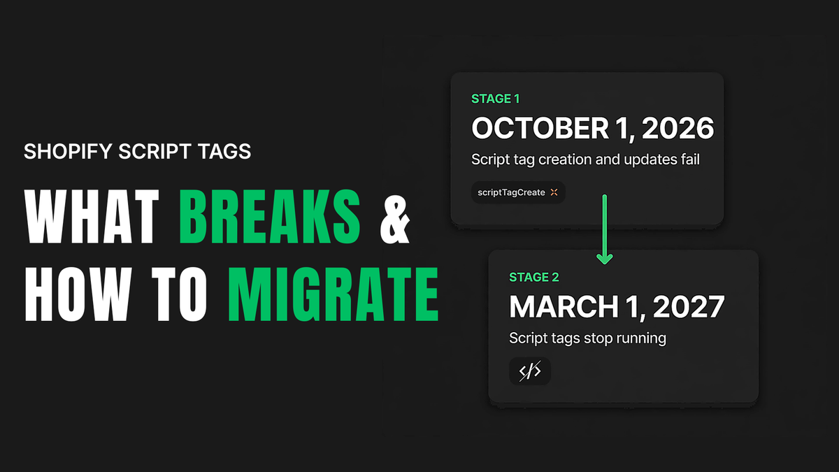 Shopify Script Tags migration cover showing creation and updates failing on October 1, 2026 and script tags stopping on March 1, 2027, beside the headline “What breaks & how to migrate.”