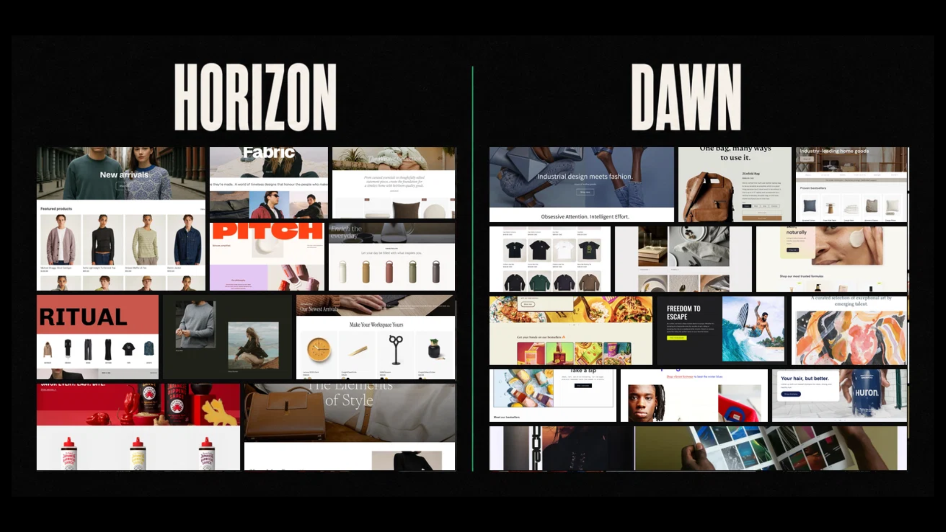 A collage of Shopify free theme previews grouped under Horizon and Dawn.