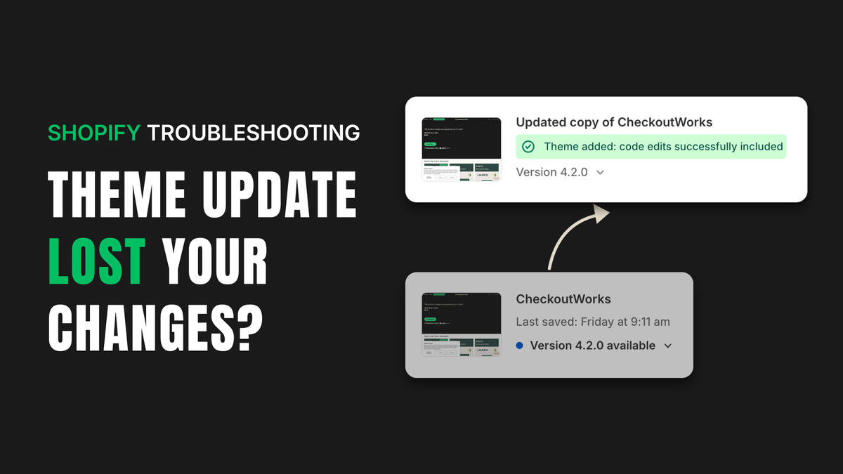 Cover reading “THEME UPDATE LOST YOUR CHANGES?” beside Shopify theme library cards: an arrow leads from the previous theme to an updated copy marked “Theme added: code edits successfully included.”