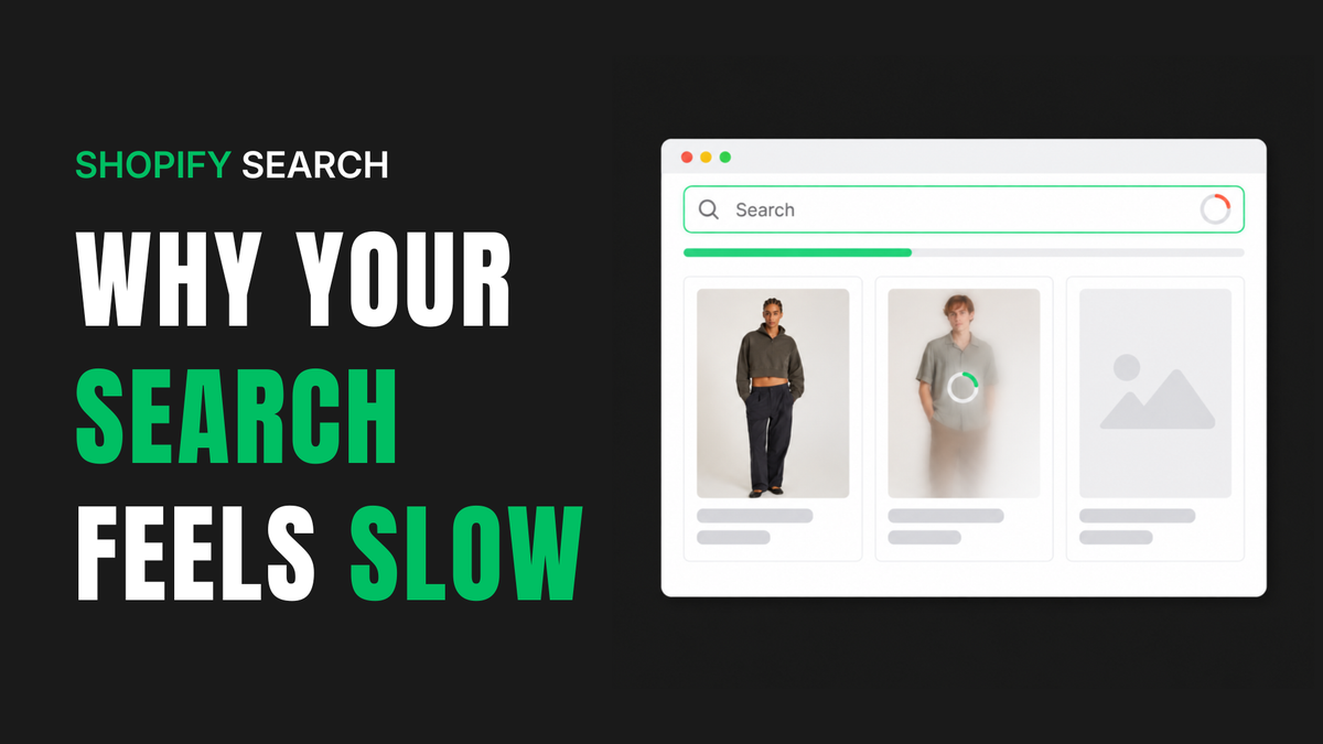 Why Shopify Search Is Slow cover showing a search window with an incomplete progress bar and product cards loading in stages.