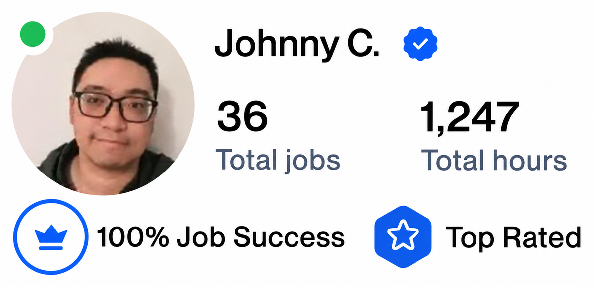  Johnny Chen.’s Upwork profile showing Top Rated status, 100% Job Success, 36 jobs, and 1,247 hours worked.