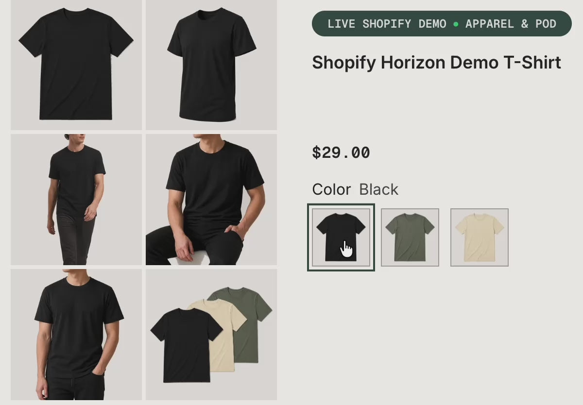 See how the product gallery updates to show multiple images matching the selected color in Shopify Horizon.