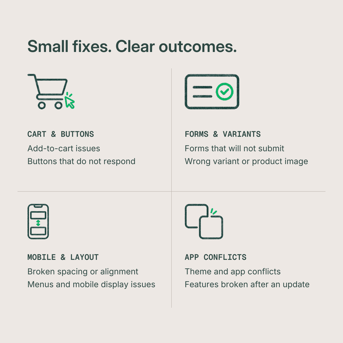 CheckoutWorks Shopify bug fix service showing common cart, variant, mobile layout, and theme or app issues