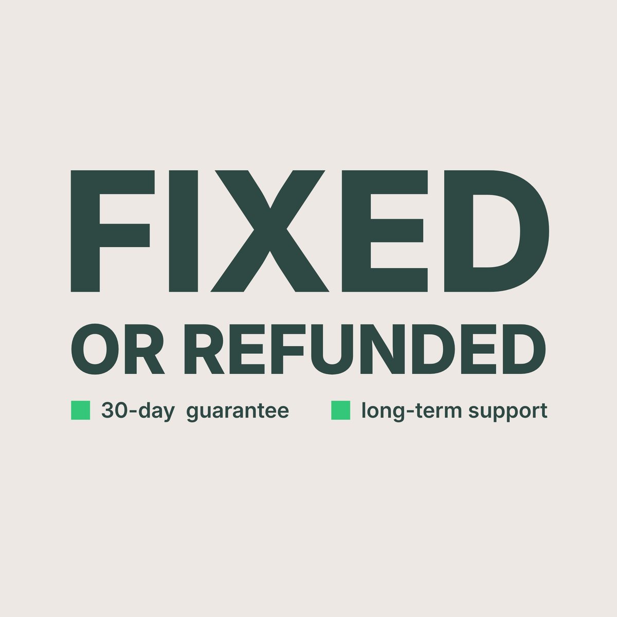 CheckoutWorks Shopify bug fix guarantee highlighting fixed or refunded, a 30-day guarantee, and long-term support