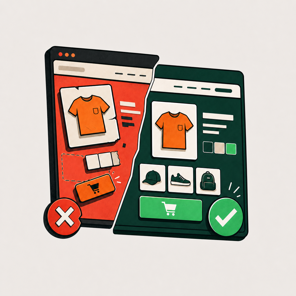 CheckoutWorks Shopify bug fix service showing a broken storefront restored to a working layout