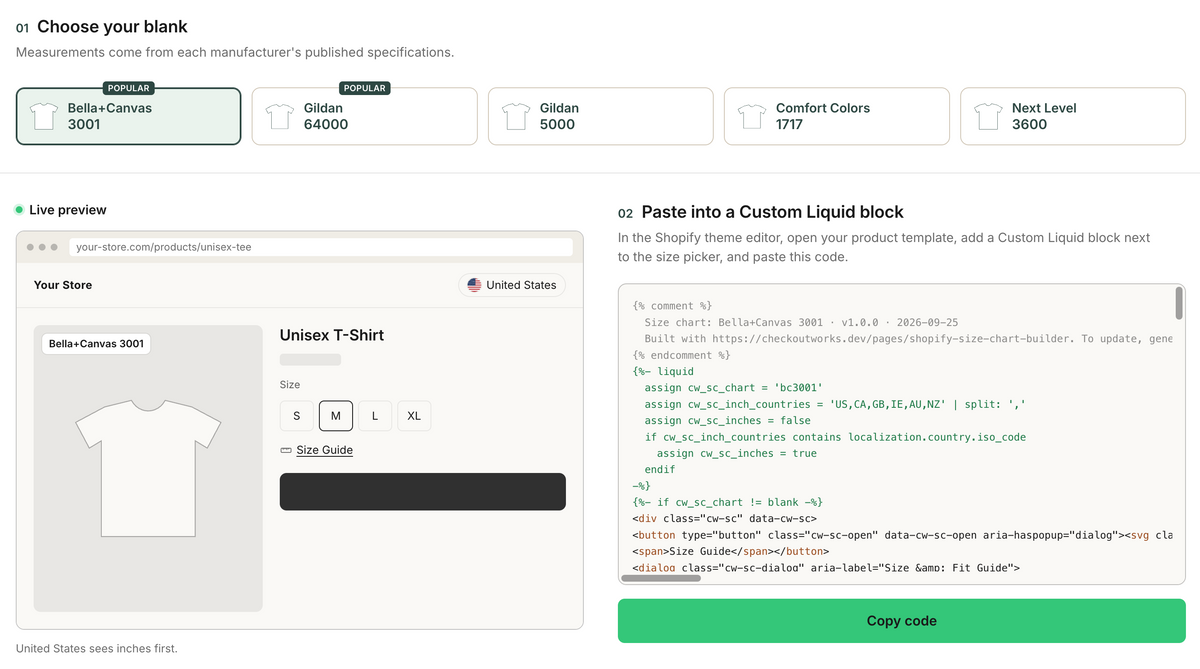 Shopify POD Size Chart Builder with Bella+Canvas 3001 selected, showing a live product preview and generated Custom Liquid code.
