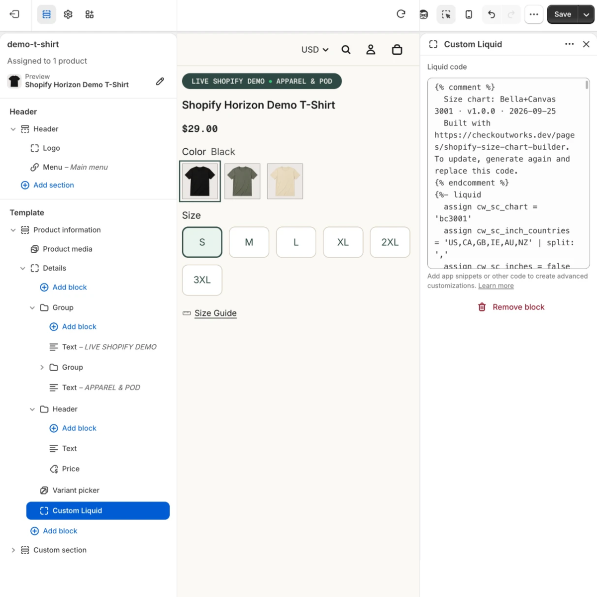 Shopify theme editor with a Custom Liquid block added to Product information and the size chart code pasted in.