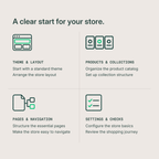 Standard Shopify store setup covering theme layout, products, navigation, and store settings.