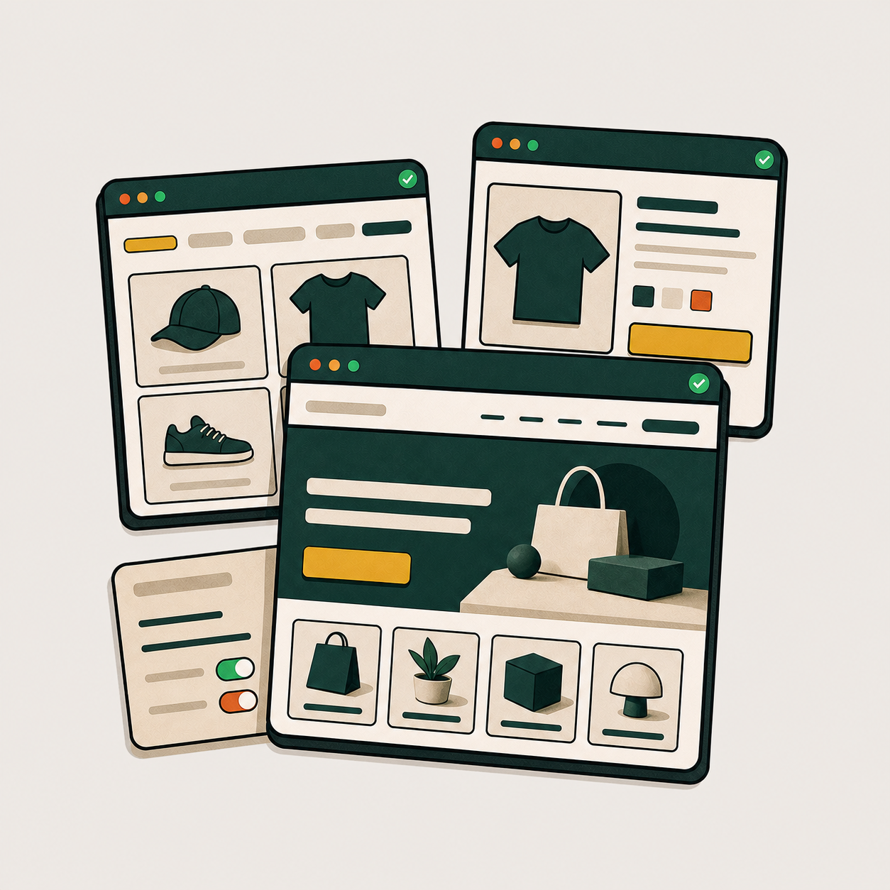 CheckoutWorks Shopify store setup service showing completed home, collection, and product pages